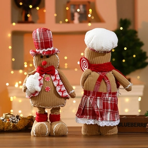 Set of two retractable Christmas gingerbread plush dolls with corduroy fabric and red accents