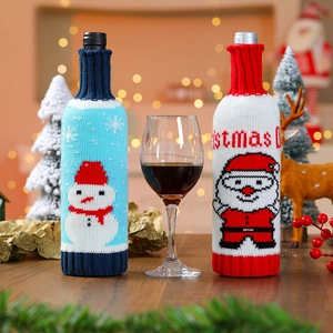 Christmas knit wine bottle covers featuring Santa and snowman patterns for festive decor