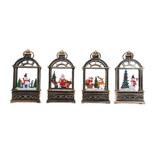 Set of 4 vintage bronze Christmas lanterns with musical light-up Santa and Snowman scenes