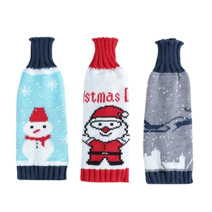 Three-piece knitted Christmas wine bottle covers with Snowman, Santa, and Reindeer patterns