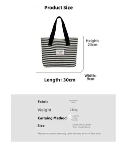 Detailed size specifications for the striped canvas tote bag with 30x23cm measurements