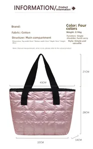 Pink quilted cotton tote bag dimensions and detailed technical specifications chart