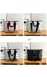 Detailed comparison of four quilted tote bags in pink, white, silver, and black colors