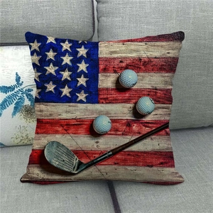 Detailed texture of American flag pillow with retro wood grain and golf balls