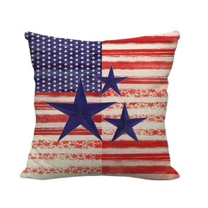 Linen American flag throw pillow cover with vintage stripes and navy blue stars
