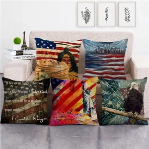 Vintage American flag linen pillow covers featuring patriotic symbols and US landmarks
