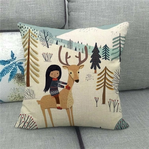 Detailed texture of linen Christmas pillowcase featuring a girl riding a reindeer design