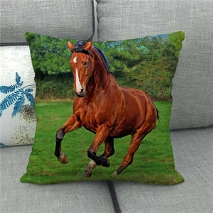 Close-up of linen pillowcase featuring a realistic brown galloping horse in a forest