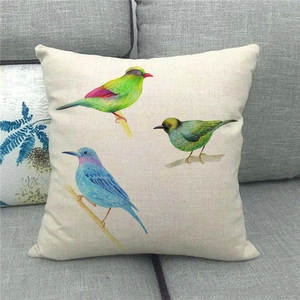 Detailed texture of birds and branches watercolor print on linen throw pillow cover