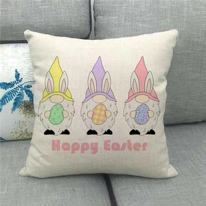Detailed texture of linen Easter pillowcase featuring gnomes with colorful eggs
