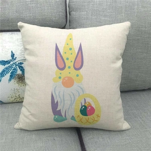 Close-up of Easter gnome with bunny ears print on linen throw pillow case fabric