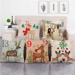 Merry Christmas Cartoon Reindeer Linen Throw Pillow Case Square Decorative Cushion Cover For Sofa Living Room Holiday Home Decor