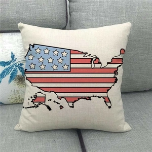 Detailed texture of linen throw pillow cover featuring USA map with stars and stripes