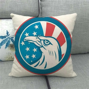 Detailed close-up of eagle emblem and American flag on rustic linen pillow cover
