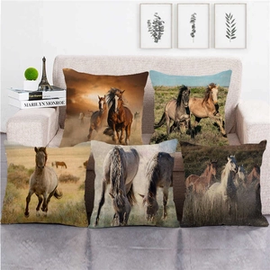 Pastoral Linen Horse Print Decorative Cushion Cover Square Wild Horse Throw Pillow Case For Living Room Sofa Home Decor