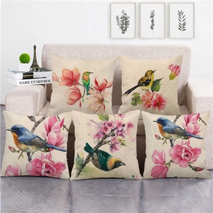 Watercolor Flowers Birds Oil Painting Cushion Cover Linen Blend Square Pillowcase Decorative Home Sofa Couch Living Room