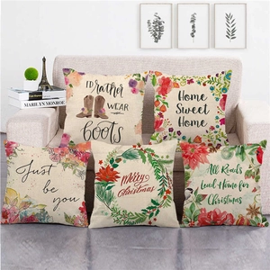 Linen Cushion Cover Floral Letter Printed Square Decorative Pillowcase Home Decor For Sofa Bed Couch