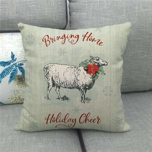 Linen Christmas pillow cover with farmhouse sheep design and Holiday Cheer text