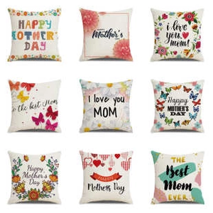 Detailed grid view of nine linen pillow covers with Happy Mother's Day floral prints