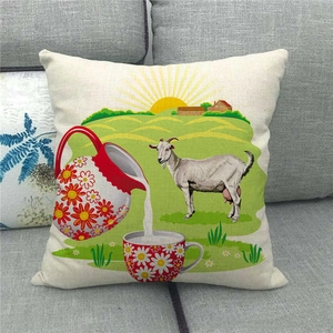 Detail of linen cushion cover featuring farm goat and floral milk jug illustration