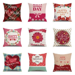 Detailed macro view of nine festive linen pillowcase designs with Mother's Day patterns