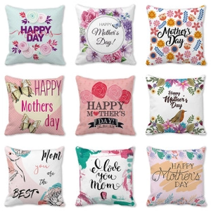 Detail view of nine Mother's Day peach skin pillowcases with floral patterns and greetings