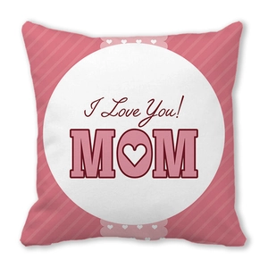 Macro detail of square peach skin pillowcase with pink diagonal stripes and I Love You MOM text