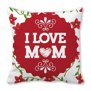 Floral I LOVE MOM square pillowcase with red flowers and heart design for Mother's Day