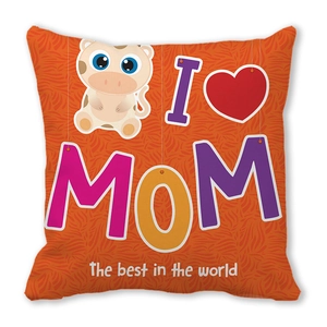 Macro view of peach skin pillowcase with I LOVE MOM slogan and cute cow graphics