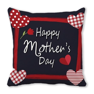 Detail of Happy Mother's Day pillowcase featuring red heart patterns on black fabric