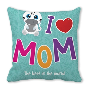 Detail of soft peach skin cushion cover featuring zebra print and I LOVE MOM typography