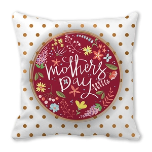 Detail of Happy Mother's Day cushion cover with gold polka dots and floral illustration