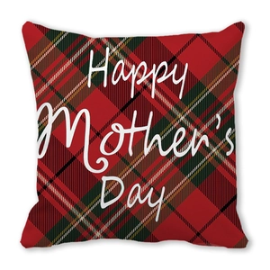 Detailed view of square red and green plaid pillowcase with Happy Mother's Day print