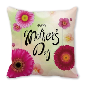 Detail of soft peach skin cushion cover with vibrant gerbera floral print and festive text