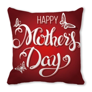 Detail view of red Mother's Day pillowcase with white butterflies and festive lettering