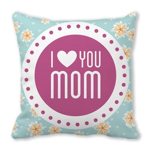 Macro detail of I Love You Mom text on soft blue floral peach skin pillowcase