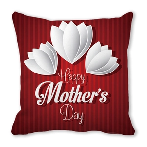 Close-up of red striped Mother's Day pillowcase with white 3D flowers and festive text