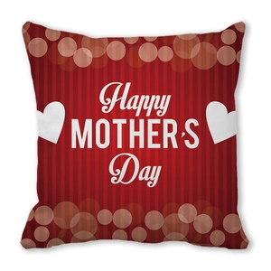 Detail of red peach skin pillowcase with vertical stripes and Happy Mother's Day text