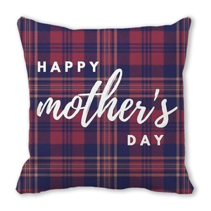 Detailed view of red plaid Mother's Day throw pillow cover with white festive printing