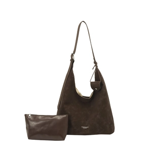 Grand sac cabas 2025 en daim marron foncé avec petite pochette assortie pour le bureau