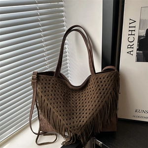 Bohemian Crochet Tassel Tote Bag Large Capacity Faux Suede Shoulder Handbag Vintage Knitted V Shape Fringe