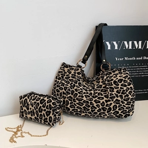 Leopard print tote bag set with matching small chain bag and black leather straps