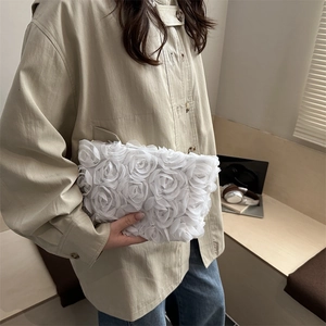 Elegant white mesh 3D flower evening clutch bag with rhinestones for wedding parties