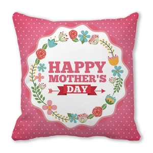 Detail of Happy Mother's Day pillowcase with pink polka dots and floral patterns