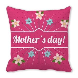 Detail of pink Mother's Day pillowcase with white text and floral illustrations
