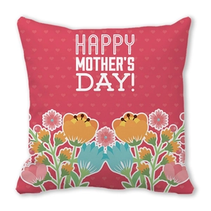 Close-up of Happy Mother's Day cushion cover with red heart pattern and floral details