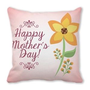 Detail of Happy Mother's Day peach skin pillowcase with pink floral and yellow flower patterns