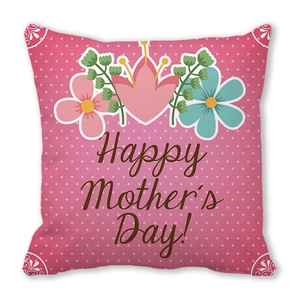 Detail of pink polka dot throw pillow featuring Happy Mother's Day floral design