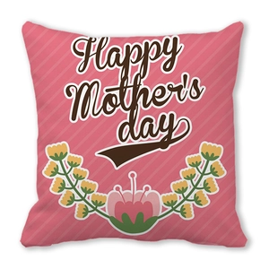 Close-up of pink striped Mother's Day pillowcase with Happy Mother's Day floral text