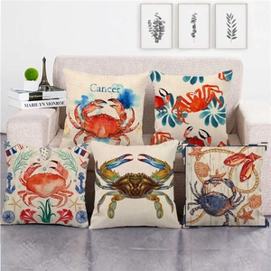 Watercolor Marine Animal Linen Pillowcase Coastal Nautical Style Square Cushion Cover Home Decor